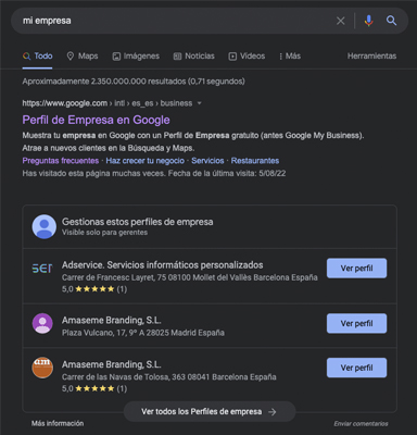 nueva empresa en perfil de empresa de google en Search